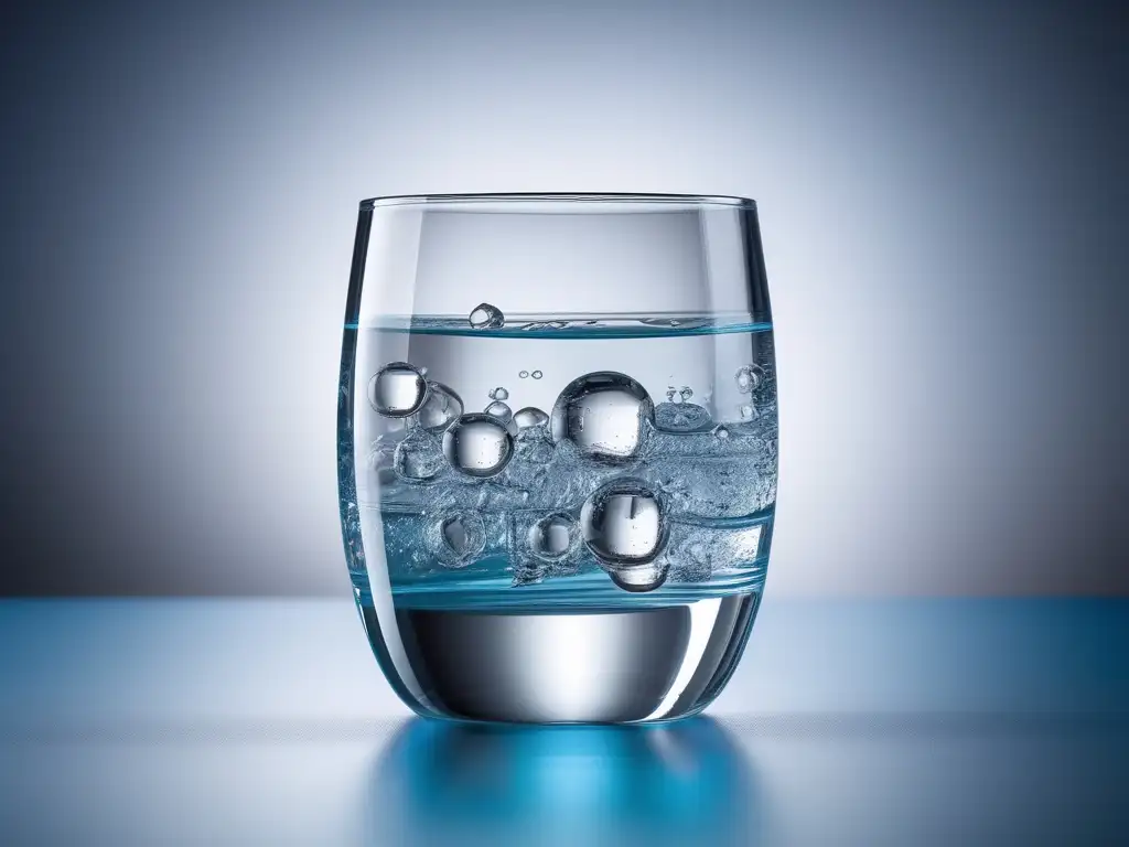 Agua potable: detallada imagen macro fotorealista de un vaso de agua cristalina, con claridad absoluta, mostrando contaminantes químicos invisibles