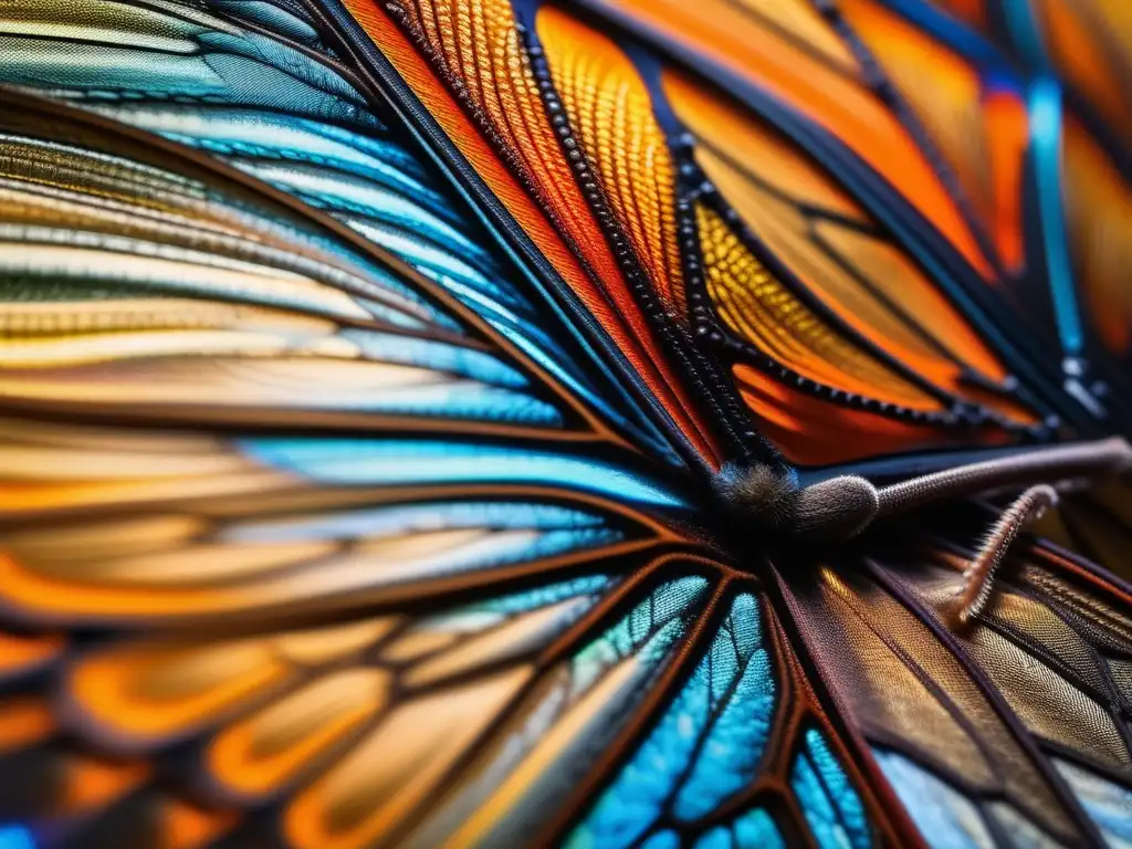 Materiales bioinspirados en química: Detalle fascinante de una ala de mariposa con colores vibrantes y estructura intricada