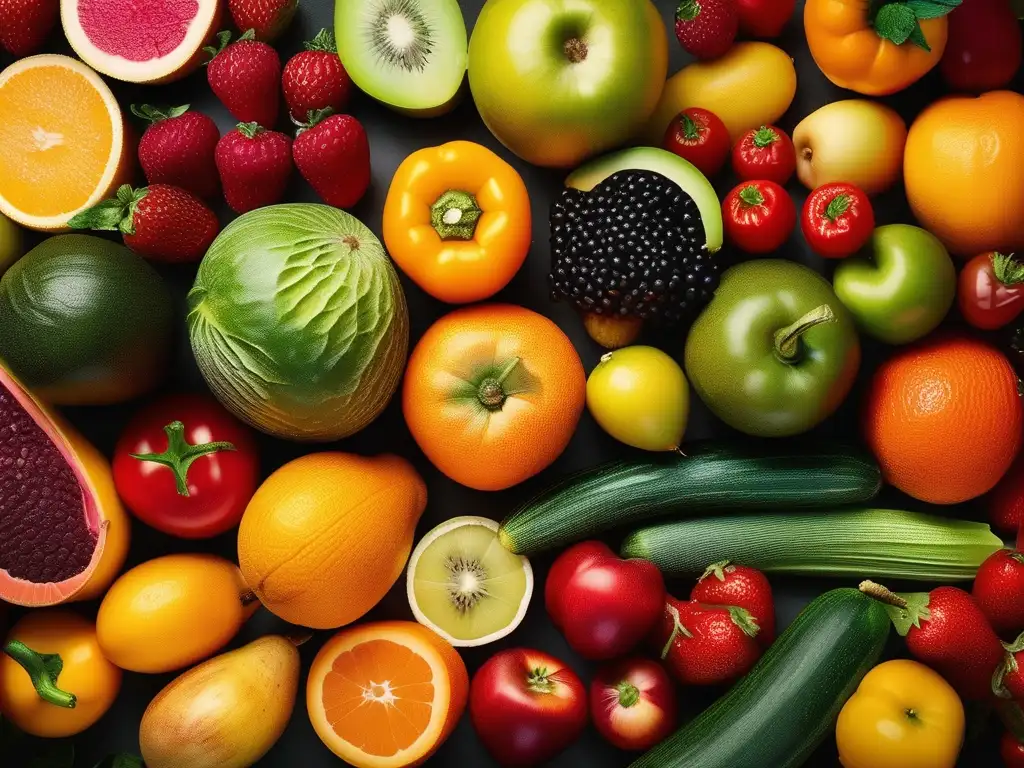 Macro foto de frutas y verduras nutritivas, destacando el impacto de la química en la nutrición moderna