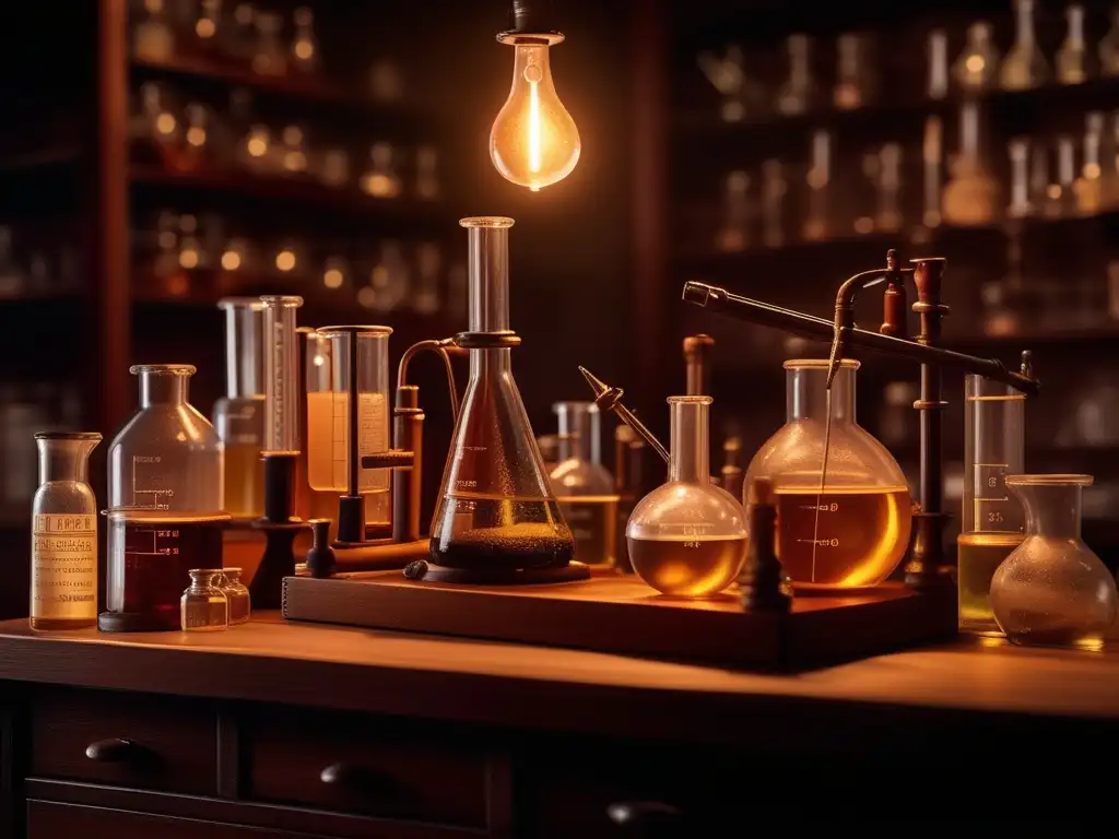 Impacto química en la Ilustración: escena detallada de un laboratorio antiguo con instrumentos científicos, libros, frascos y fórmulas