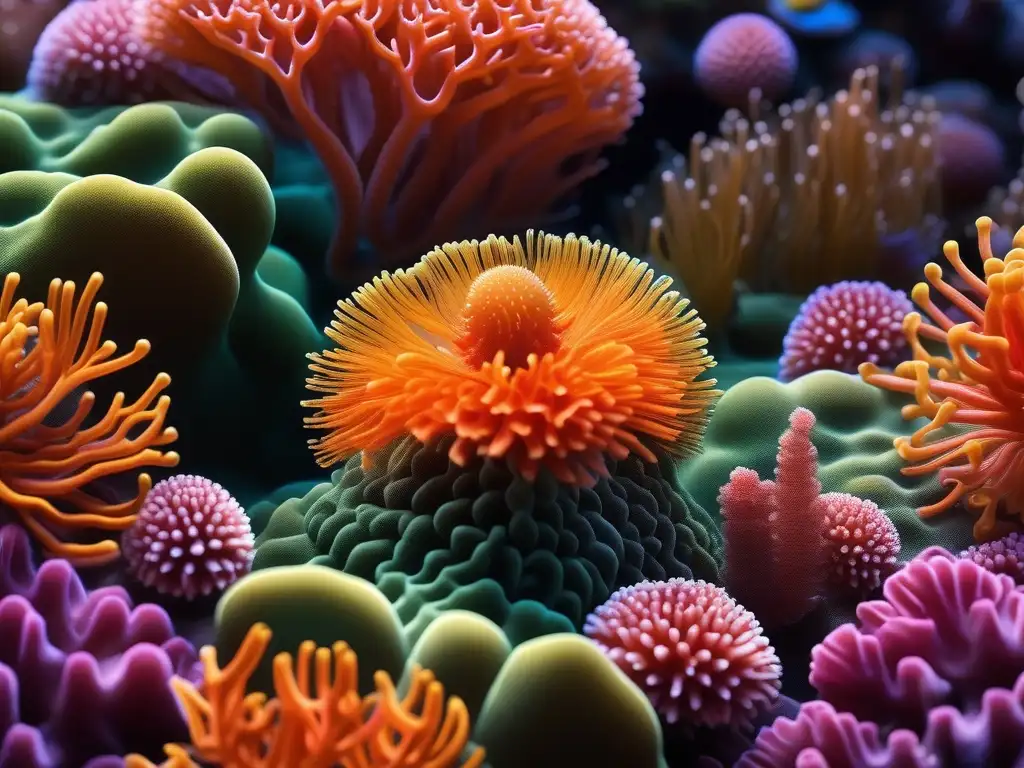 Impacto cosméticos en vida silvestre: coral polyp con vibrantes colores y delicada estructura rodeado de vida marina