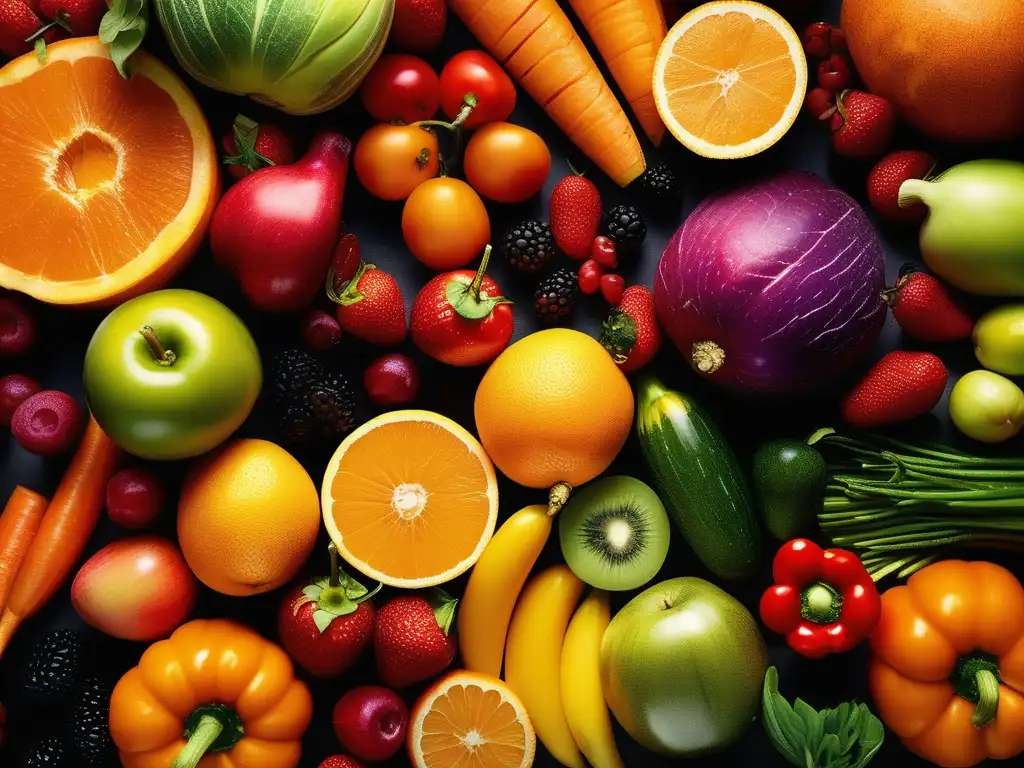 Imagen detallada de frutas y verduras coloridas y variadas que resaltan los beneficios de los alimentos funcionales en salud