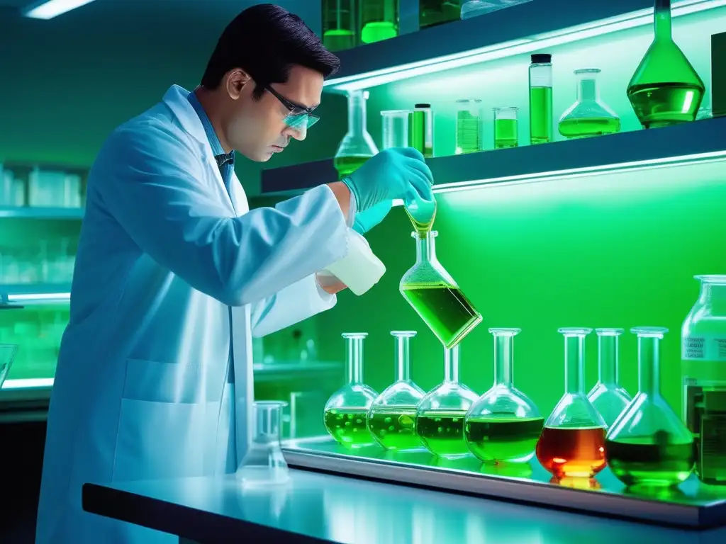 Innovaciones químicas sostenibles para un futuro verde: laboratorio con científico y líquido verde