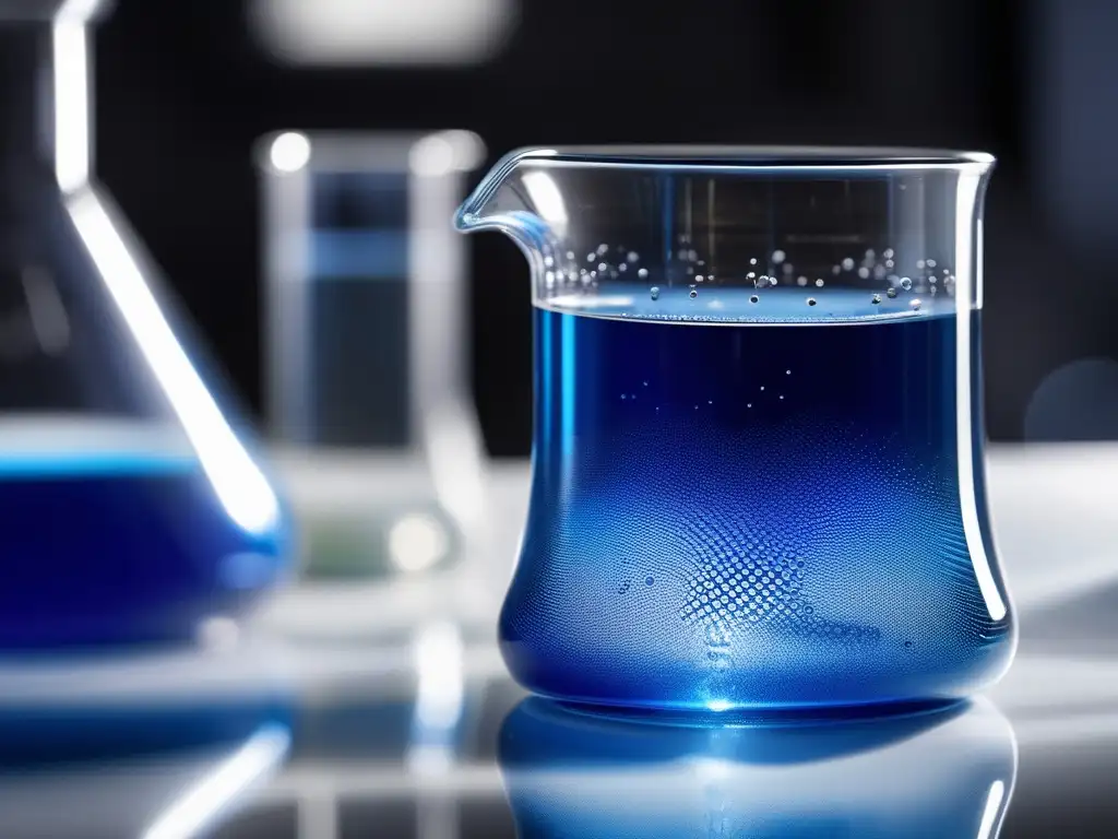 Oportunidades de carrera en química: Beaker de vidrio lleno de líquido azul vibrante, burbujeante y en movimiento en un laboratorio