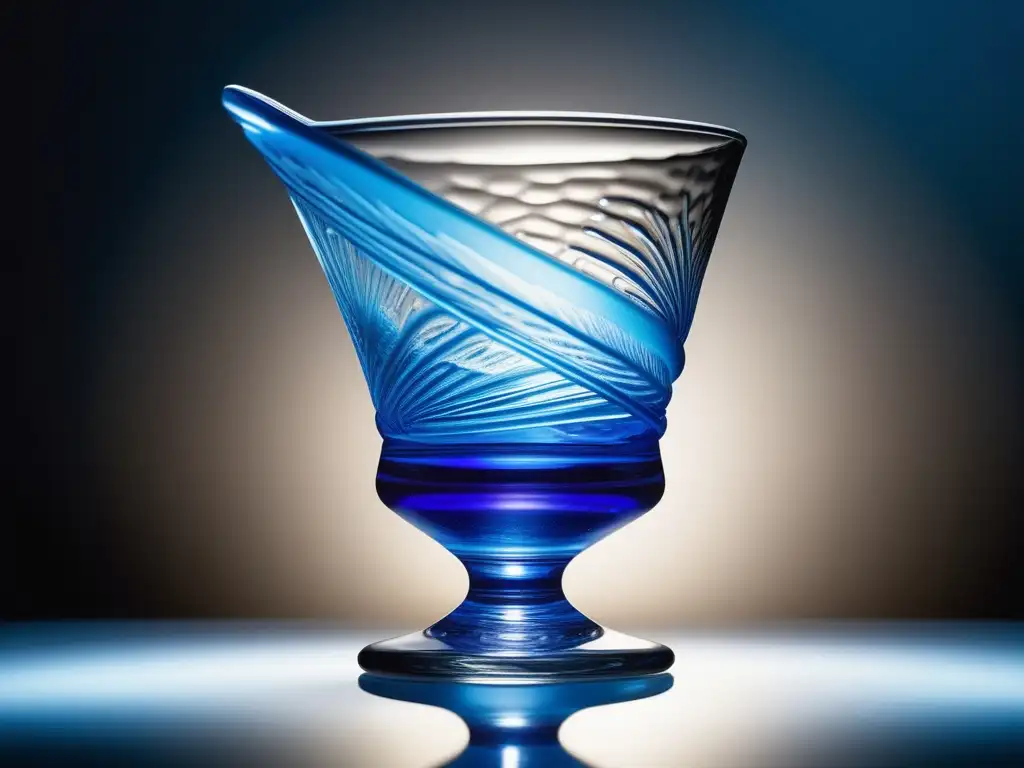 Impactos de la Tabla Periódica: Beaker de cristal lleno de líquido azul vibrante, iluminado desde adentro, con patrones intrigantes