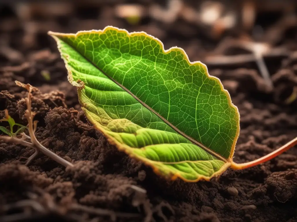 Beneficios de los polímeros biodegradables: hoja verde en descomposición, textura detallada, microorganismos y ciclo natural