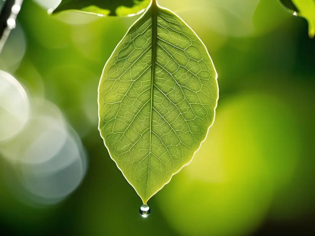 Un bosque prístino con árboles majestuosos y exuberante follaje verde, destacando una hoja con redes de venas y gotas de agua