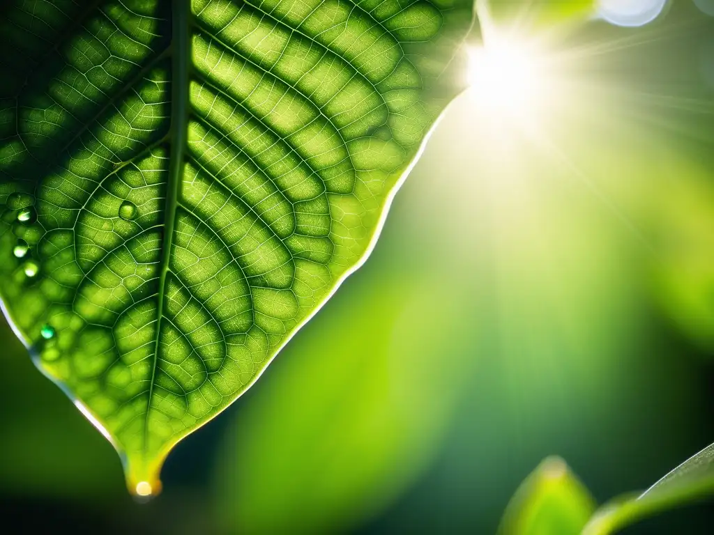 Bosque verde con rayos de sol y gota de rocío en hoja: Química verde y cambio climático