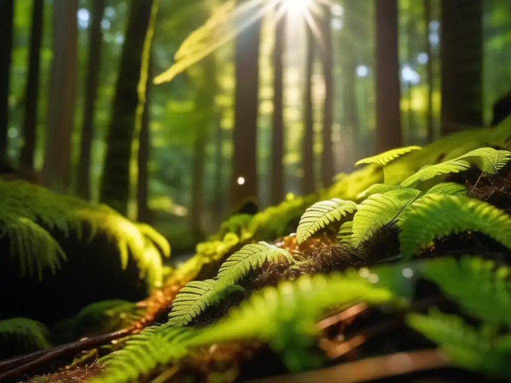 Impacto ambiental de los cosméticos: Bosque prístino con musgo verde y partículas contaminantes en agua