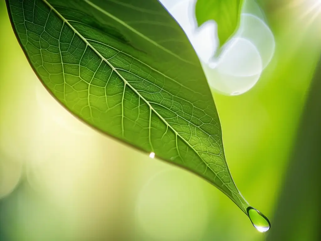 Beneficios de la química verde: Detalles de una hoja verde en un bosque, resaltando su textura, venas y gotas de agua