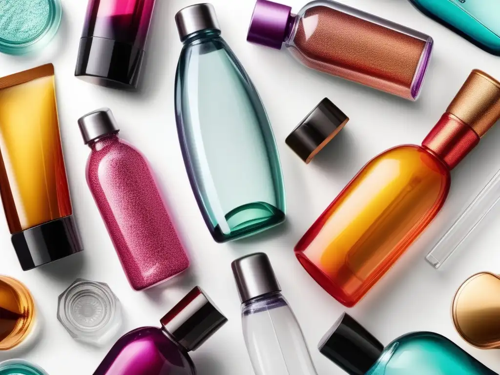 Impacto plásticos en cosmética: botella transparente con productos coloridos, diseño moderno, detalles y textura realistas