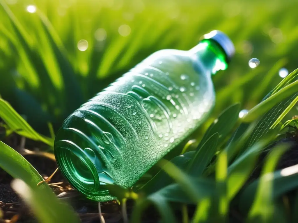 Impacto ambiental de los bioplásticos en una botella ecológica en un campo verde