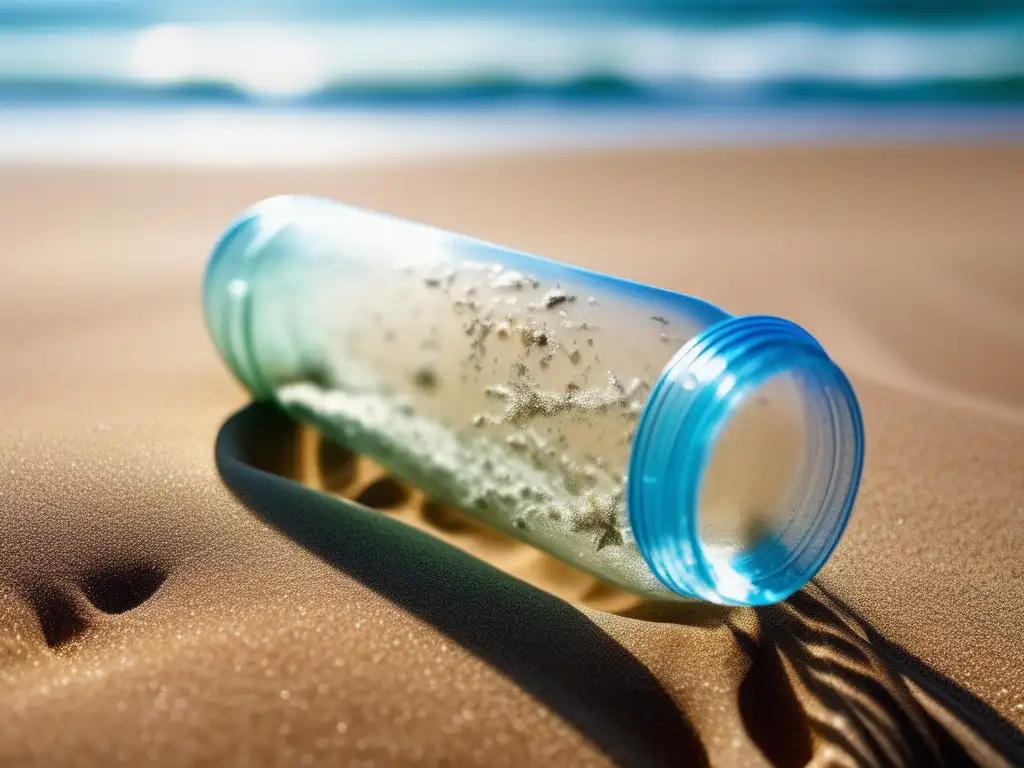 Botella de plástico en playa, mostrando degradación y microorganismos