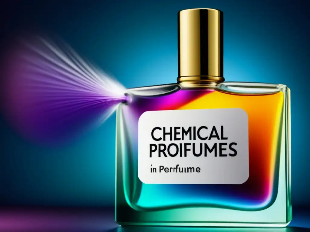 Procesos químicos en perfumes modernos: Detalle macro de una botella de perfume con etiqueta, líquido vibrante y estructura molecular congelada