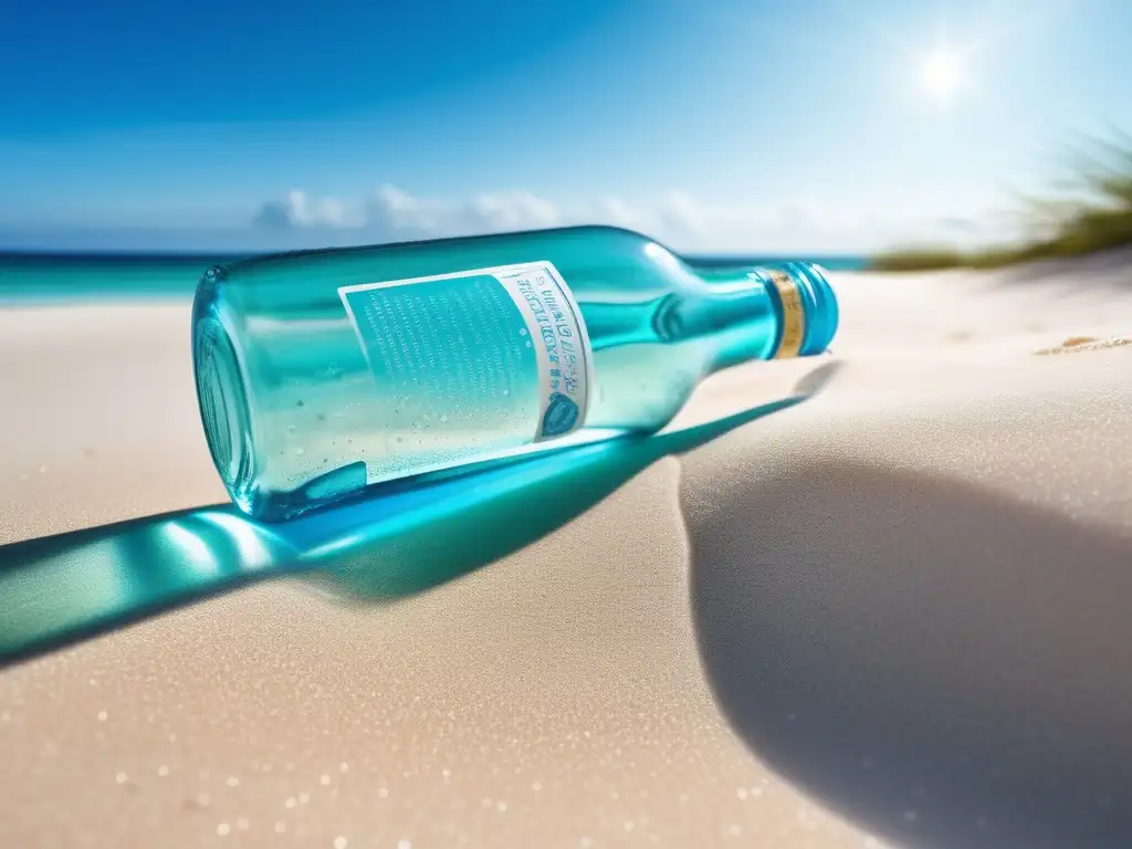 Una botella de plástico en la playa con agua turquesa y cielo azul, mostrando los detalles del material y la etiqueta