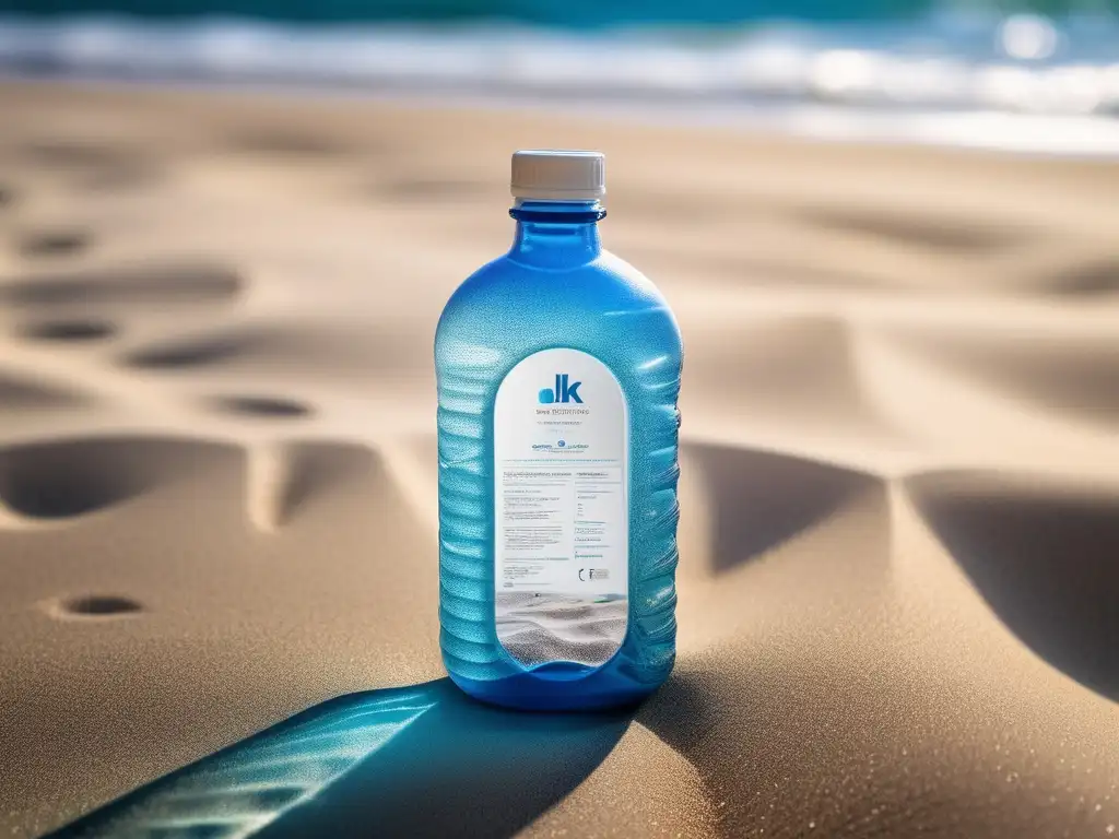 Impacto ambiental de la petroquímica: botella de plástico en playa con microplásticos y detalles en 8K