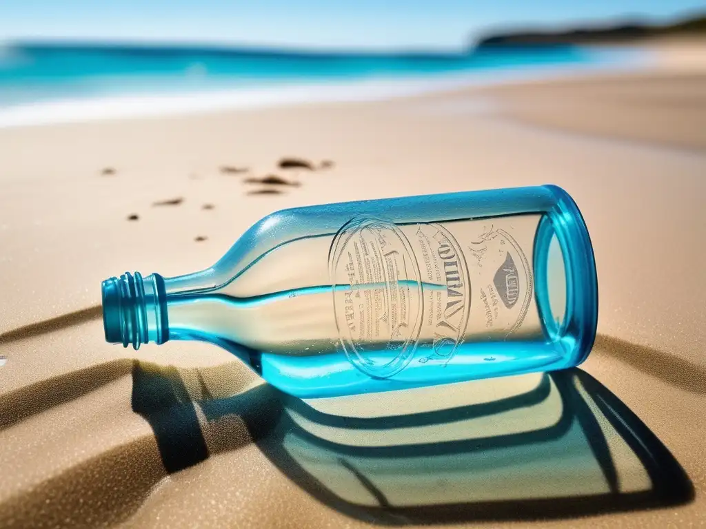 Botella de plástico en playa, revelando impacto de la contaminación y detalles intrincados