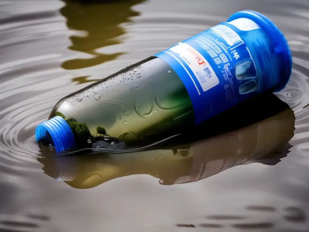 Impacto ambiental plásticos: botella deteriorada flota en río contaminado con residuos plásticos, destacando urgencia en gestión y reciclaje