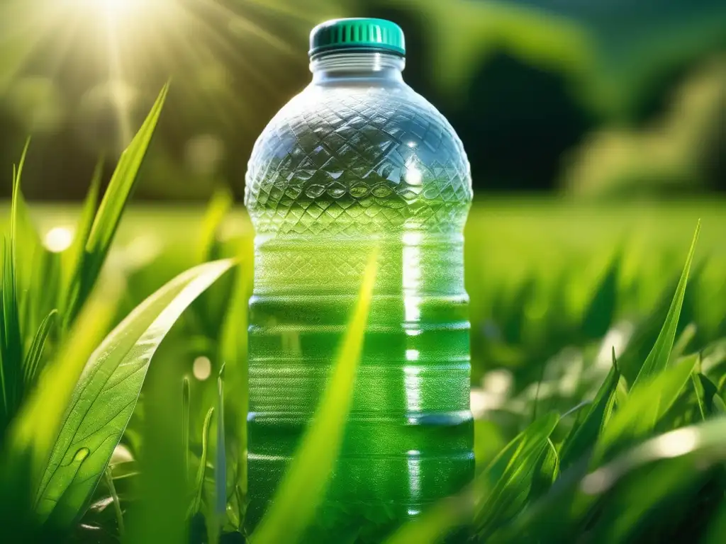 Botella de plástico transparente en un campo verde con microorganismos y reflejos de luz solar