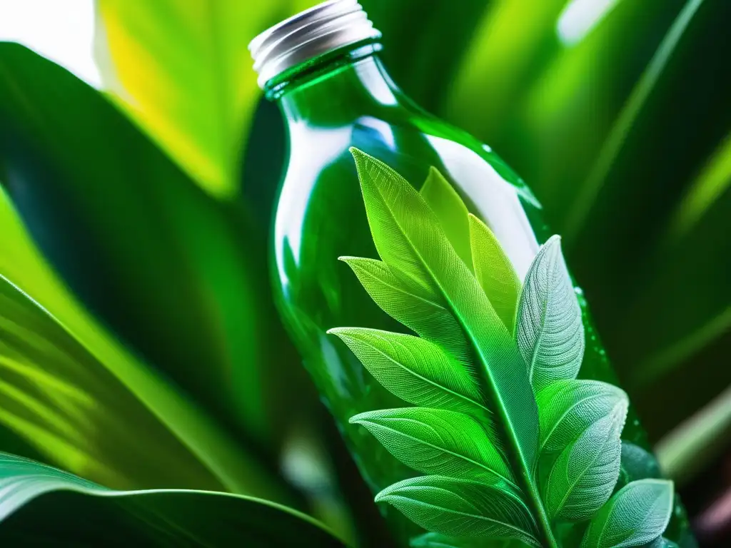 Impactos ambientales de producción de plásticos: planta verde consume botella plástica, simbolizando contaminación y peligro