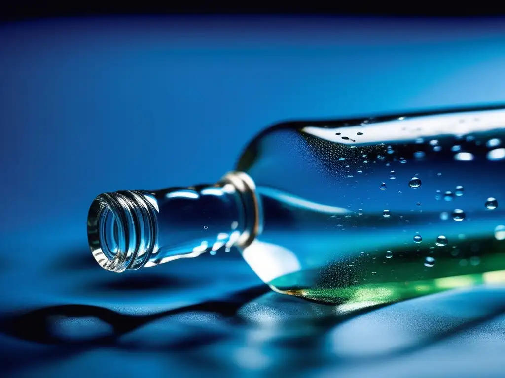 Botella plástica flotando en agua azul con reflejos de colores y patrones, resalta belleza y fragilidad