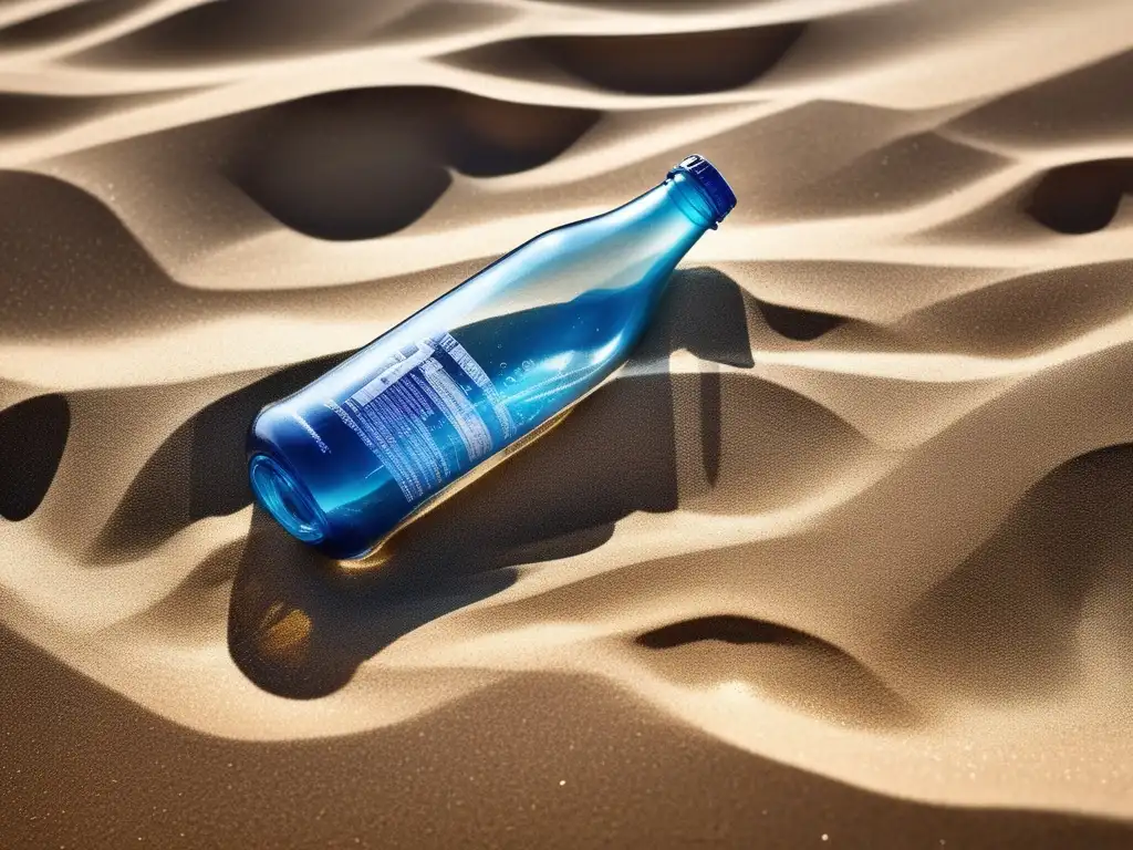 Avances en reciclaje de plástico: Botella de plástico en la playa, reflejando la urgencia de soluciones para el impacto ambiental