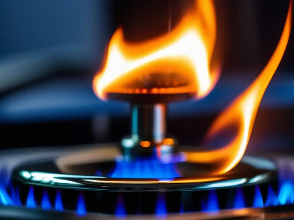 Herramientas esenciales en laboratorio: Bunsen burner con llama azul intensa, detalles precisos y textura sorprendente