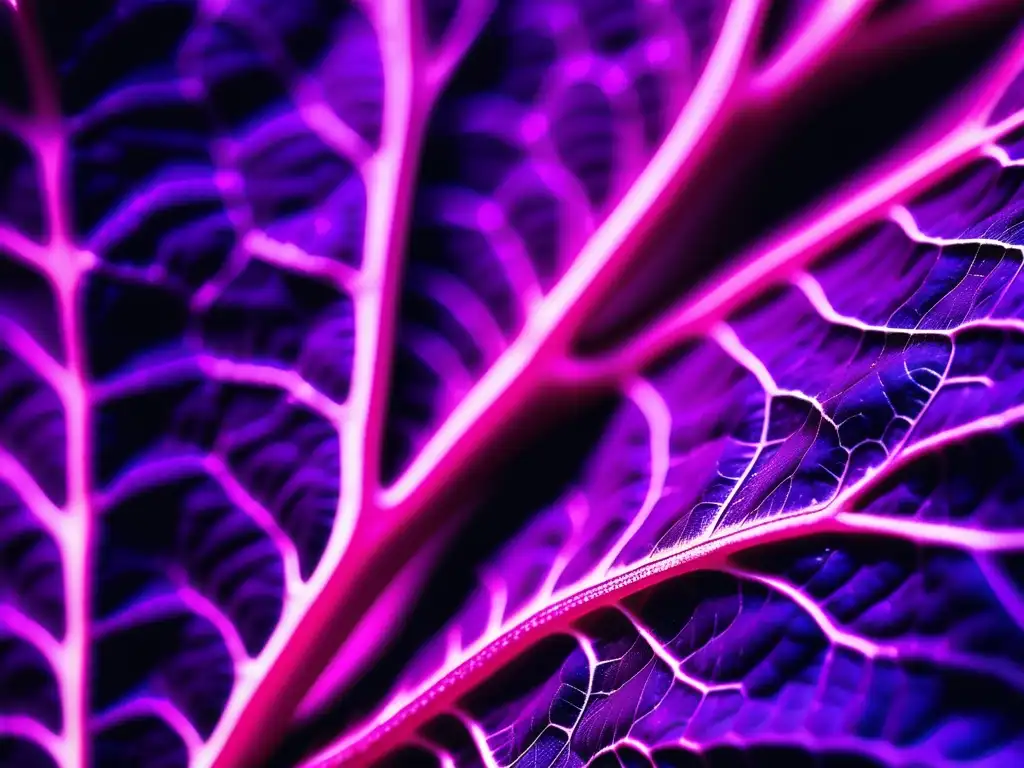 Hoja de repollo morado en primer plano, textura y colores vibrantes, invitando a explorar la belleza de la naturaleza a nivel microscópico