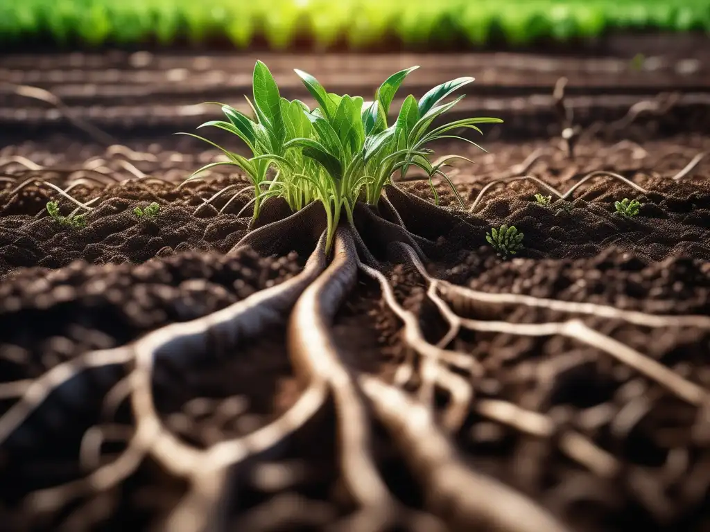 Impacto de la síntesis de amoniaco en la agricultura: campo fértil, cultivos vibrantes, raíces nutridas, luz y sombra