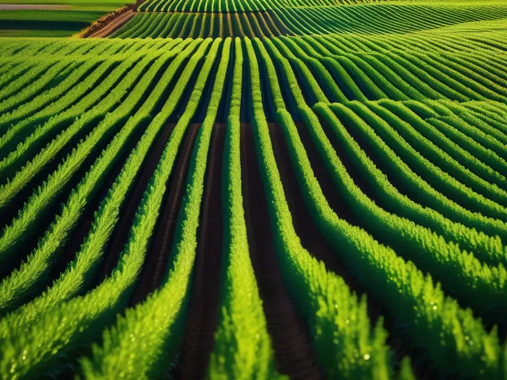 Descubrimientos químicos en agricultura: campo verde con cultivos vibrantes, crecimiento exquisito y luz solar