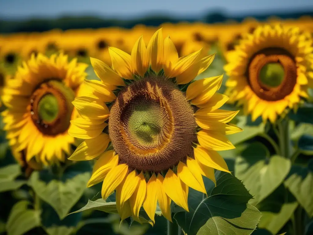 Hermoso campo de girasoles: futuro de la energía, petroquímica vs