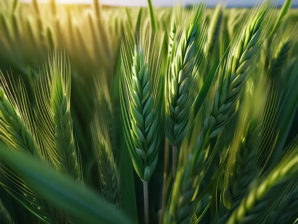 Impacto síntesis amoniaco en agricultura: imagen trigo verde, detallada, 8k, campo extenso, trabajador inspeccionando cosecha