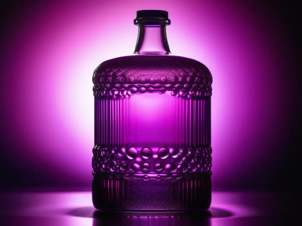 Experimento química: botella transparente con líquido morado burbujeante (110 caracteres)