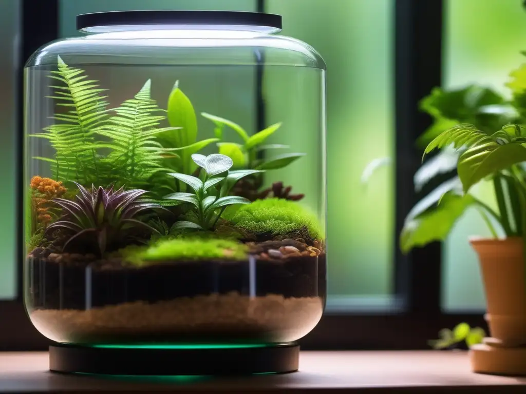 Terrario casero ciclo agua fotosíntesis: Vista detallada de un terrario con planta verde, suelo fértil y ciclo del agua en acción