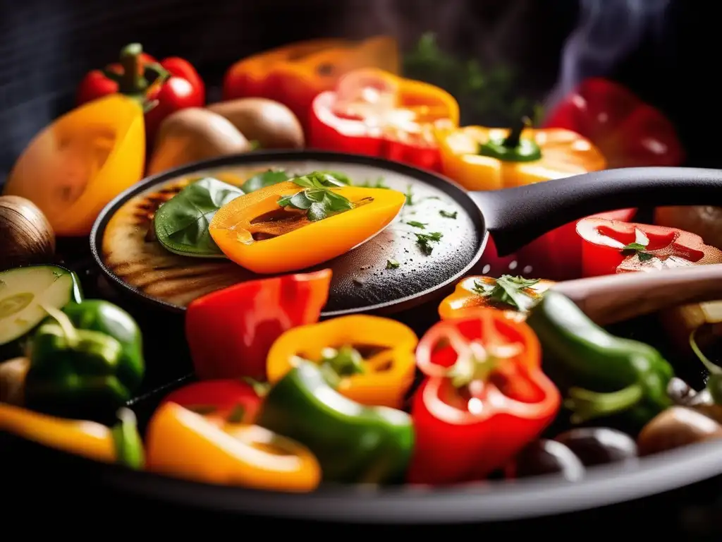 Sartén caliente con vegetales coloridos cocinándose a alta temperatura - Impacto de las sustancias químicas en la cocción de alimentos