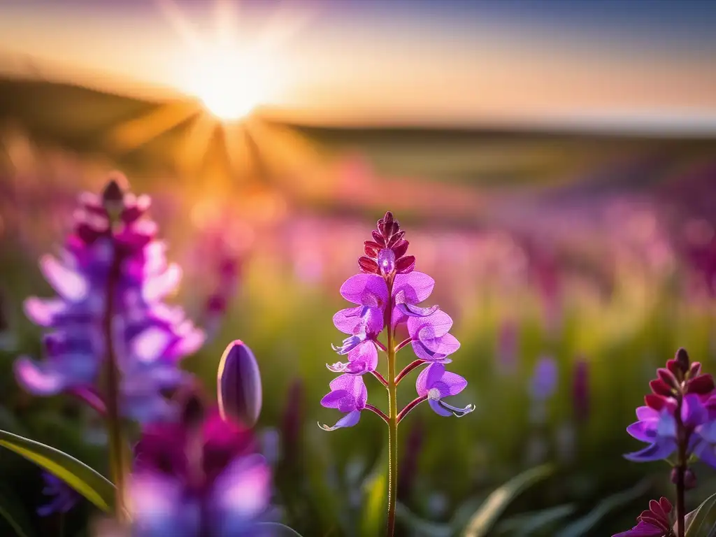 Transformación Química Ambiental Energías Alternativas: Campo soleado de flores silvestres, destacando una orquídea púrpura