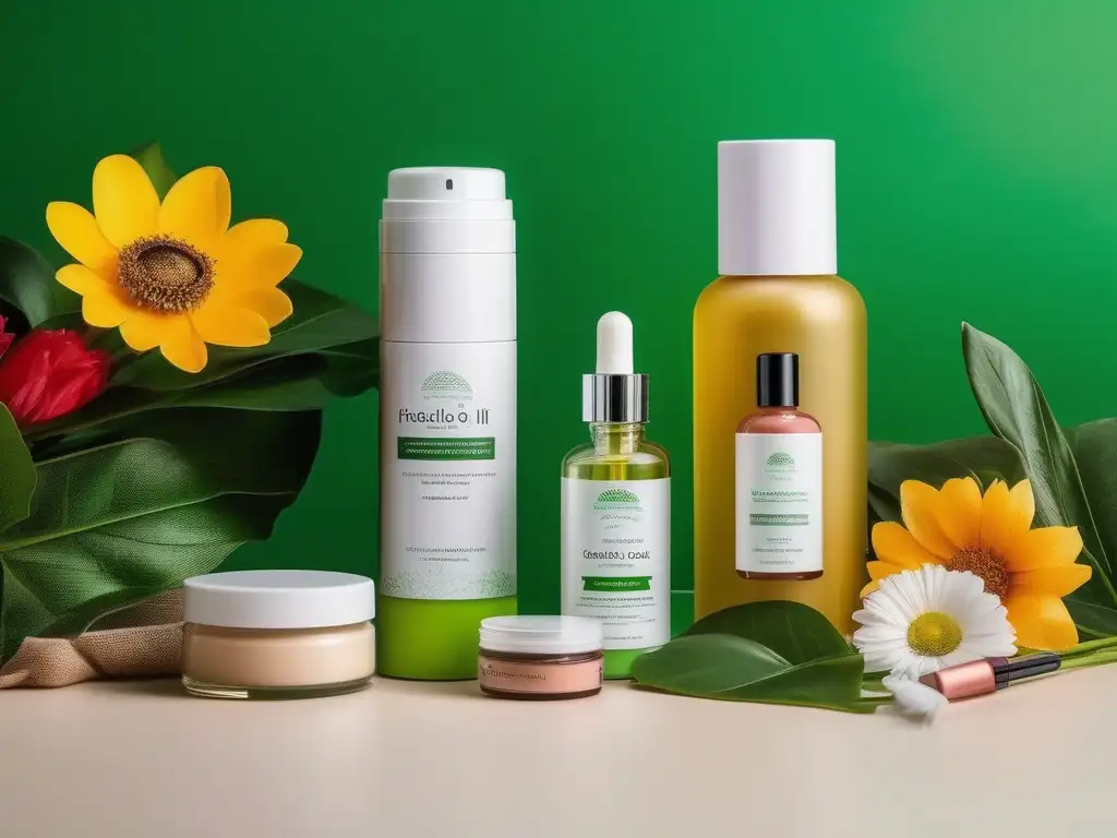 Beneficios de cosméticos orgánicos naturales en campo verde con flores y productos