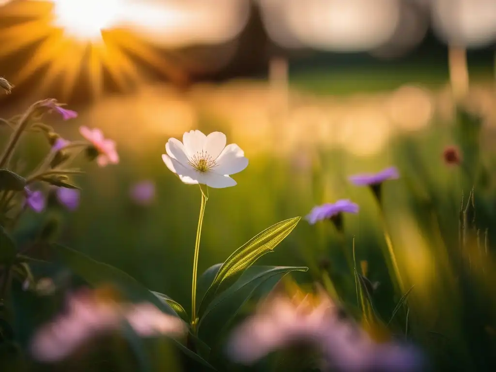 Imagen de campo verde exuberante bañado en luz dorada, con una delicada flor blanca en primer plano y detalles de sus pétalos visibles