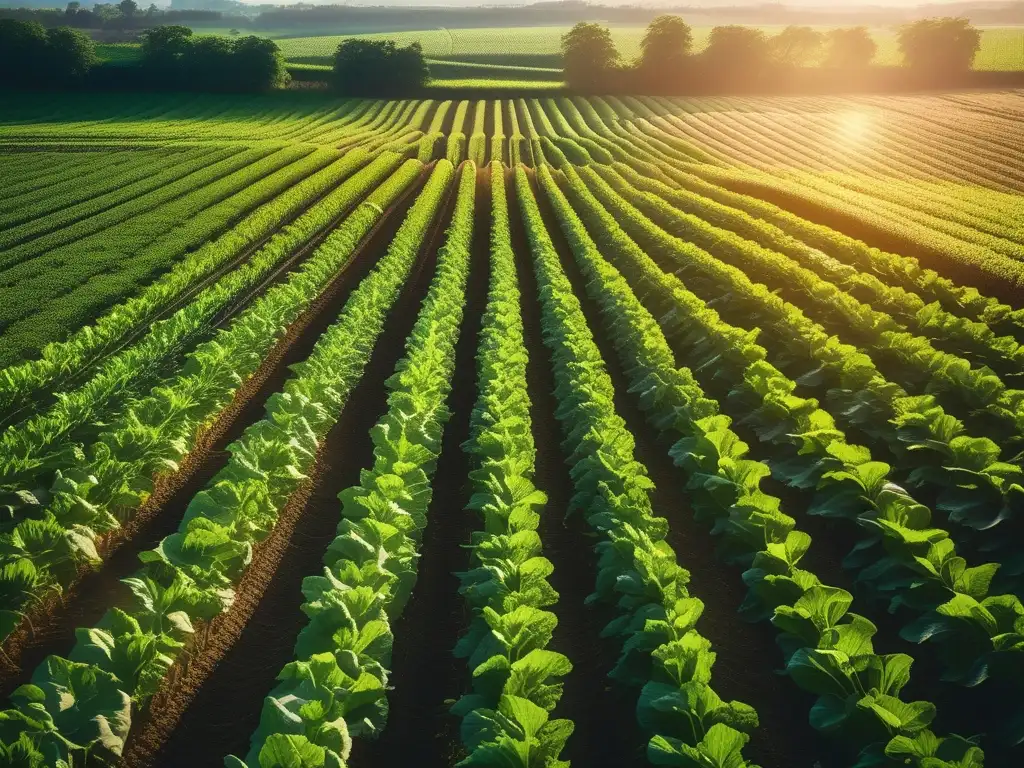 Un campo de cultivos verdes muestra la esencia de la agricultura sostenible, con diversas frutas y verduras y un agricultor cuidadoso