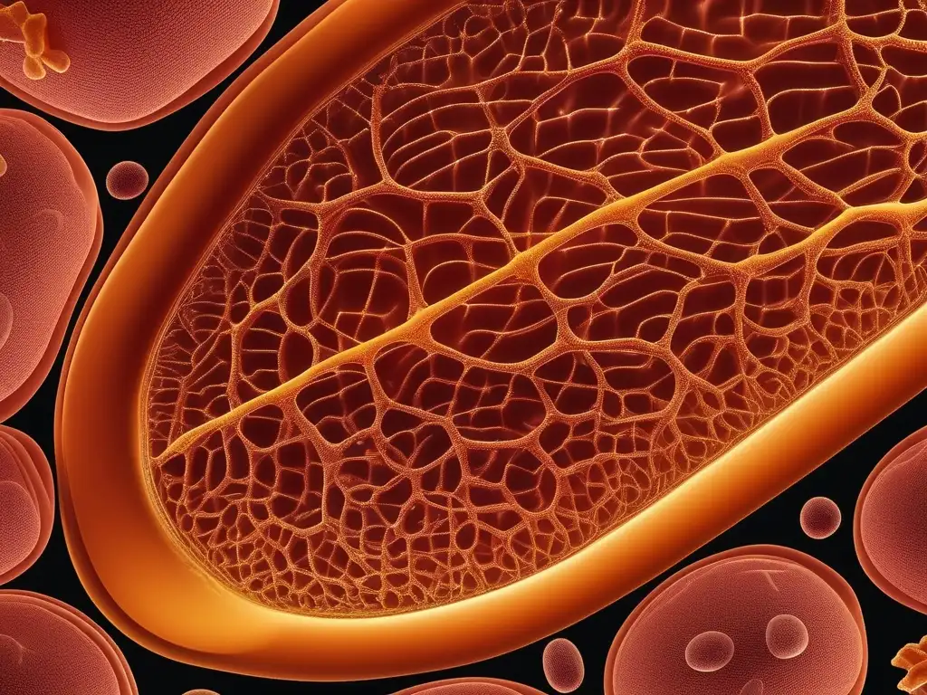 Importancia de la bioquímica en el metabolismo energético: célula muscular con estructuras y organelos, resaltando mitocondrias y enzimas