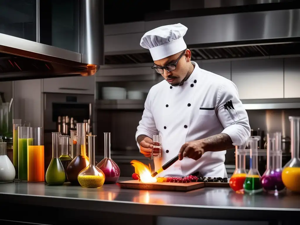 Chef en cocina moderna observando transformación química de materias primas culinarias