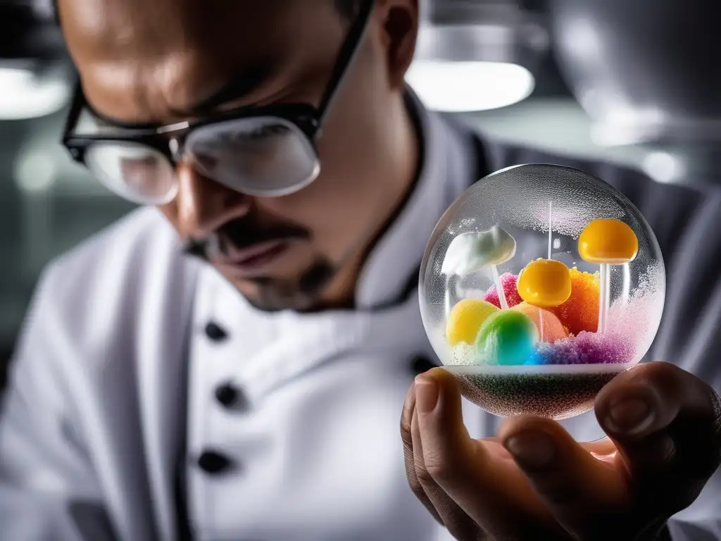 Chef en cocina de gastronomía molecular, creando esfera perfecta con gel