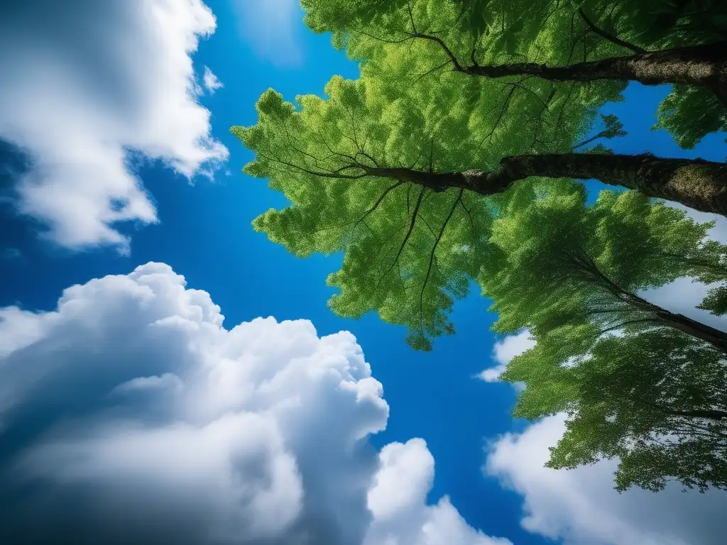 Cielo azul con nubes blancas, árboles verdes y efectos contaminación atmósfera química