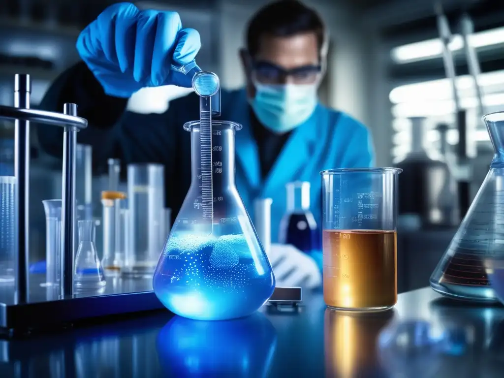 Científico con guantes sostiene beaker azul: Impacto investigación química