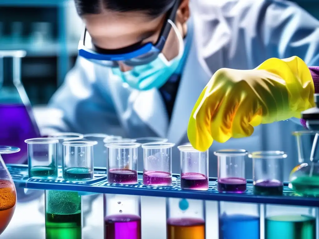 Un científico en un laboratorio examina una placa de petri con líquidos coloridos, destacando la química petroquímica sostenible