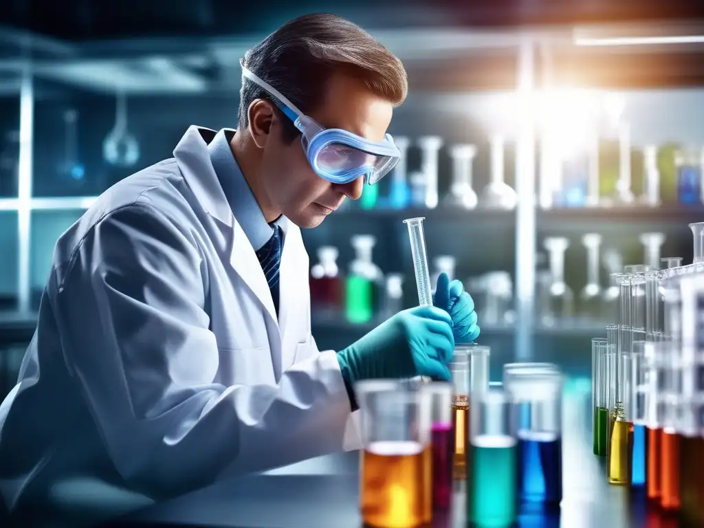 Científico en laboratorio, manipulando líquido colorido en tubo de ensayo