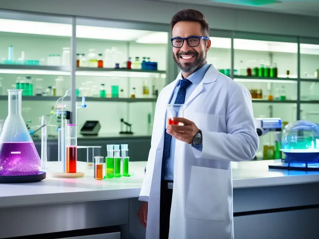 Científico emocionado en laboratorio moderno, resaltando importancia de química en profesiones modernas