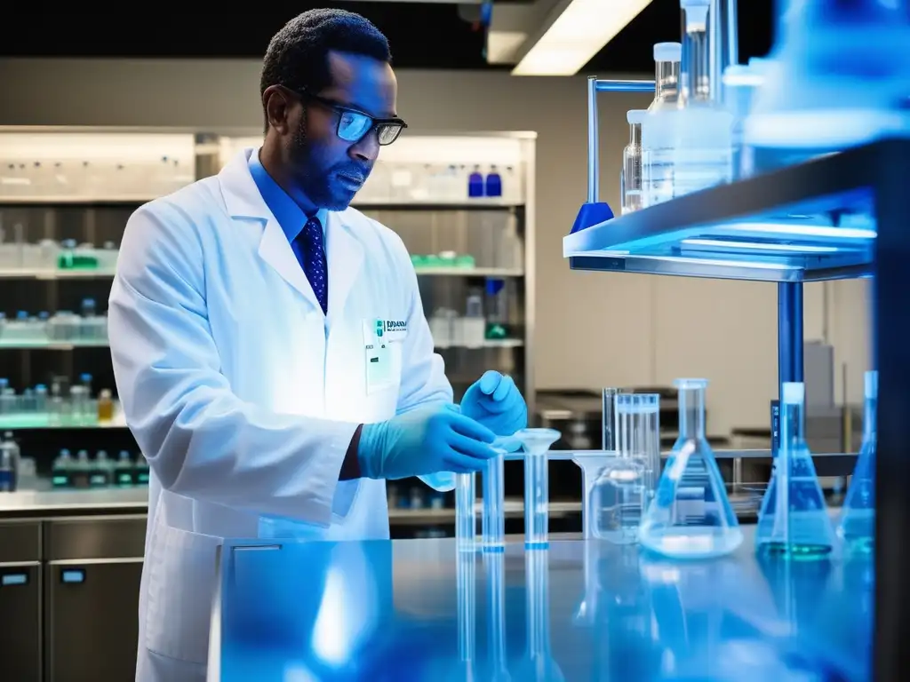 Científico examina tubo de ensayo con líquido azul brillante en laboratorio avanzado