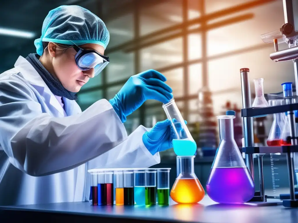 Científico manipulando líquido colorido: Impactos de la Química en el Mundo Laboral