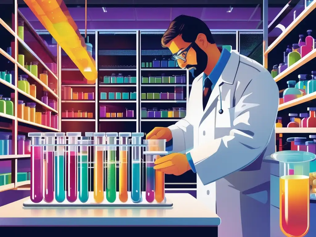 Científico con bata en laboratorio observando una reacción química - Química medicamentos poderosos mundo